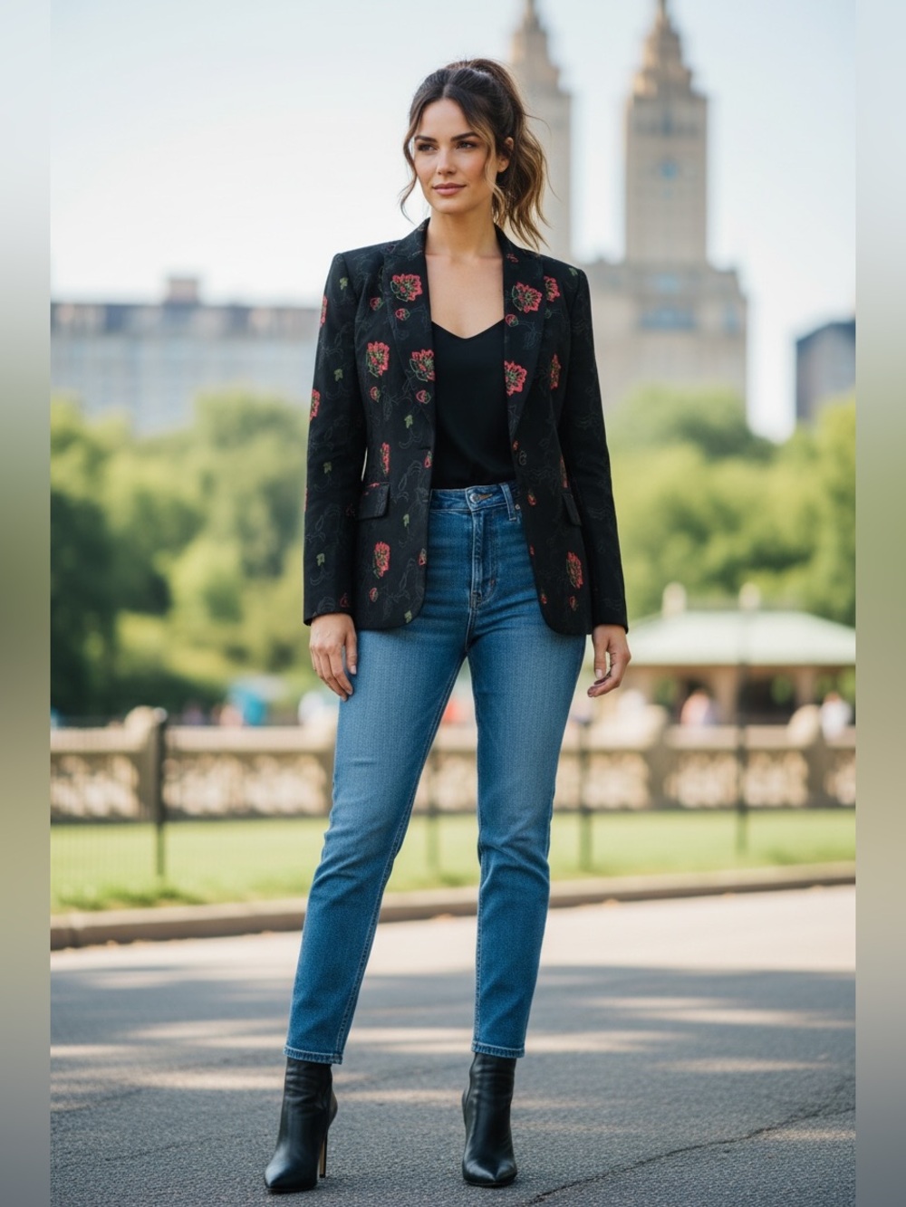 Vintage 90s Oscar by Oscar de la Renta Black Wool Embroidered Floral Blazer 6 - Picture 3 of 16